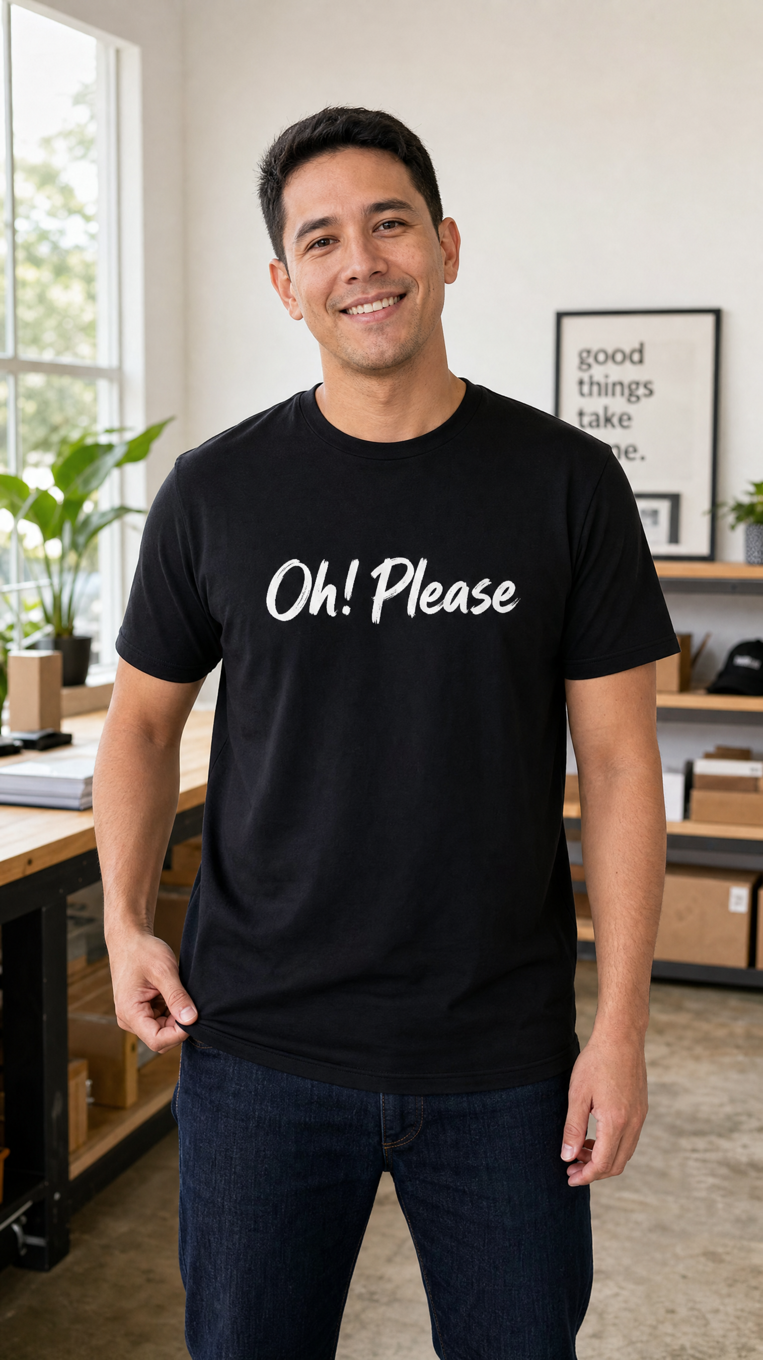 Oh! Please black graphic tee worn by male model in office setting