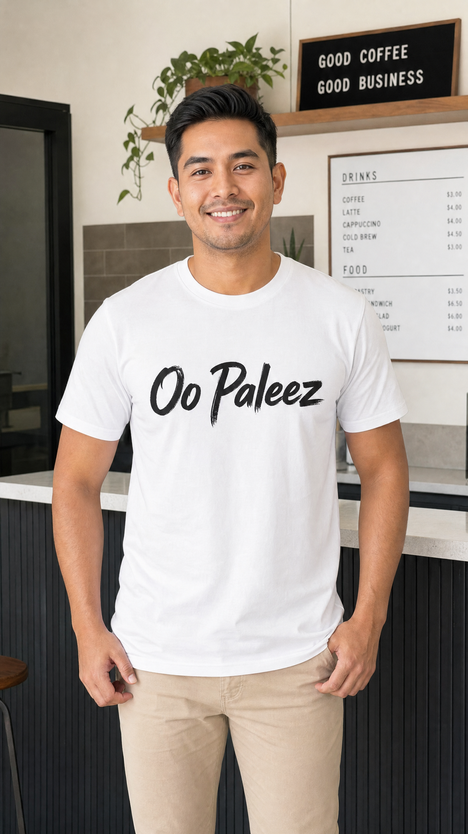 Oo Paleez white graphic tee worn by male model in cafe setting Main image